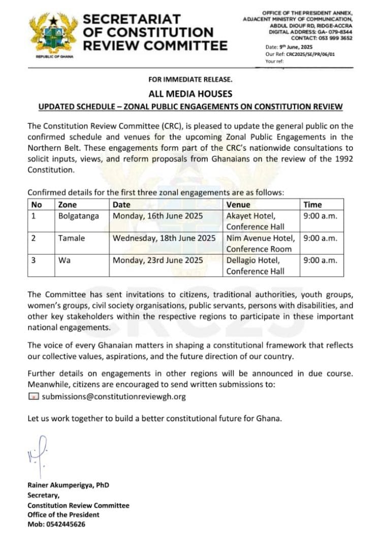 CRC Announces Updated Zonal Engagements For Constitution Review In Northern Ghana   